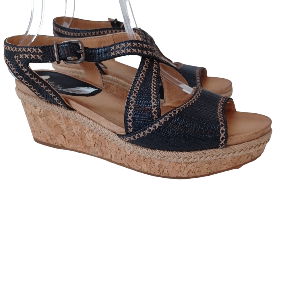 Nurture Cork Wedge Sandals Black Lilithe Cross Stich Detail Womens size 9